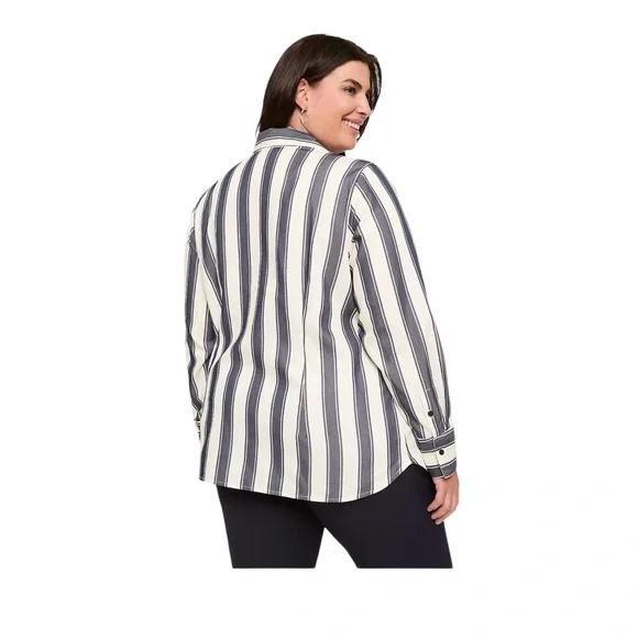 Lane Bryant White And Navy Striped Button Down Shirt Size 14 No Peek Collection - Picture 2 of 5